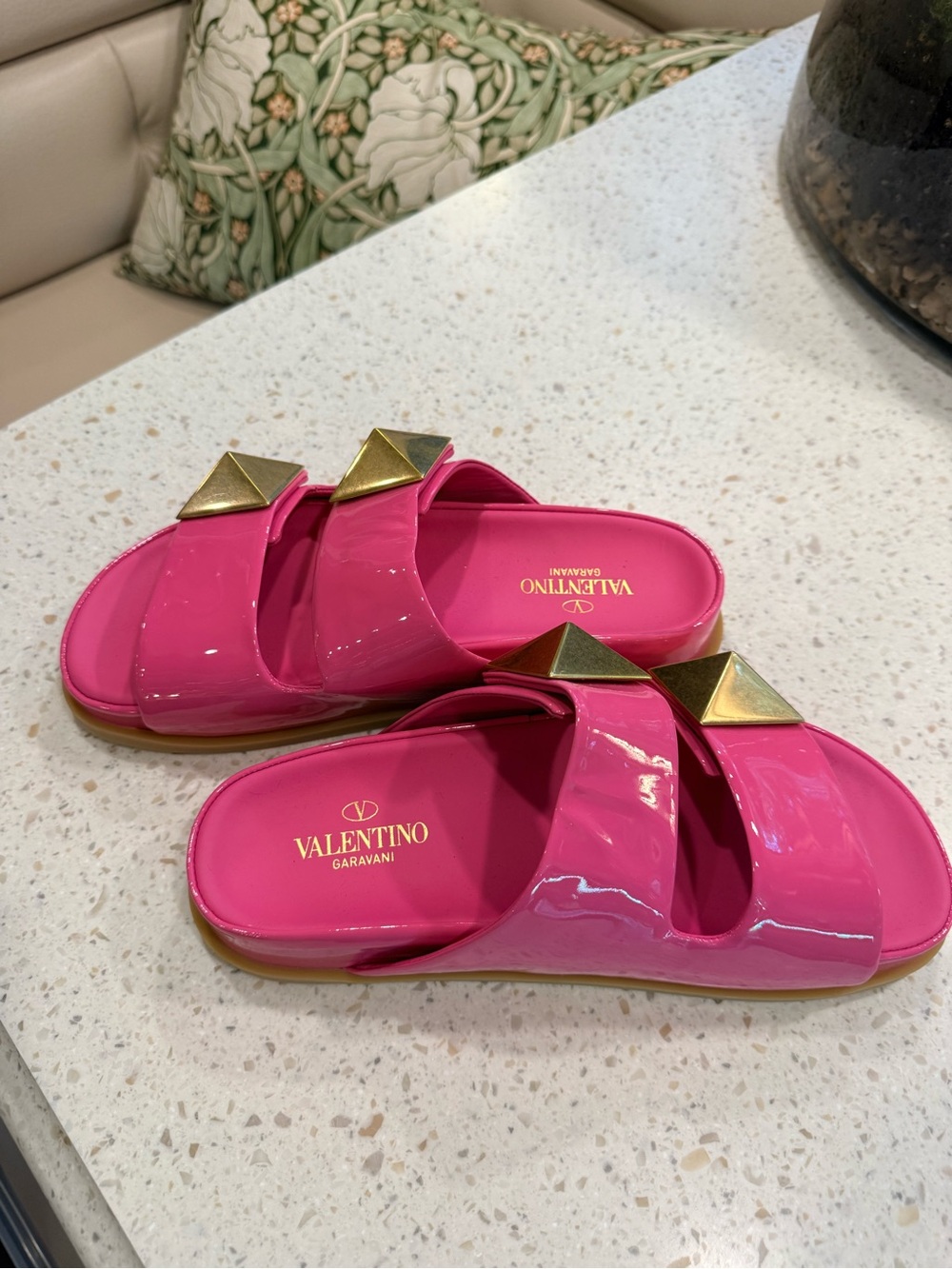 Valentino Hot Pink Patent Slide Sandals with Gold Pyramid Studs - Picture 2 of 5